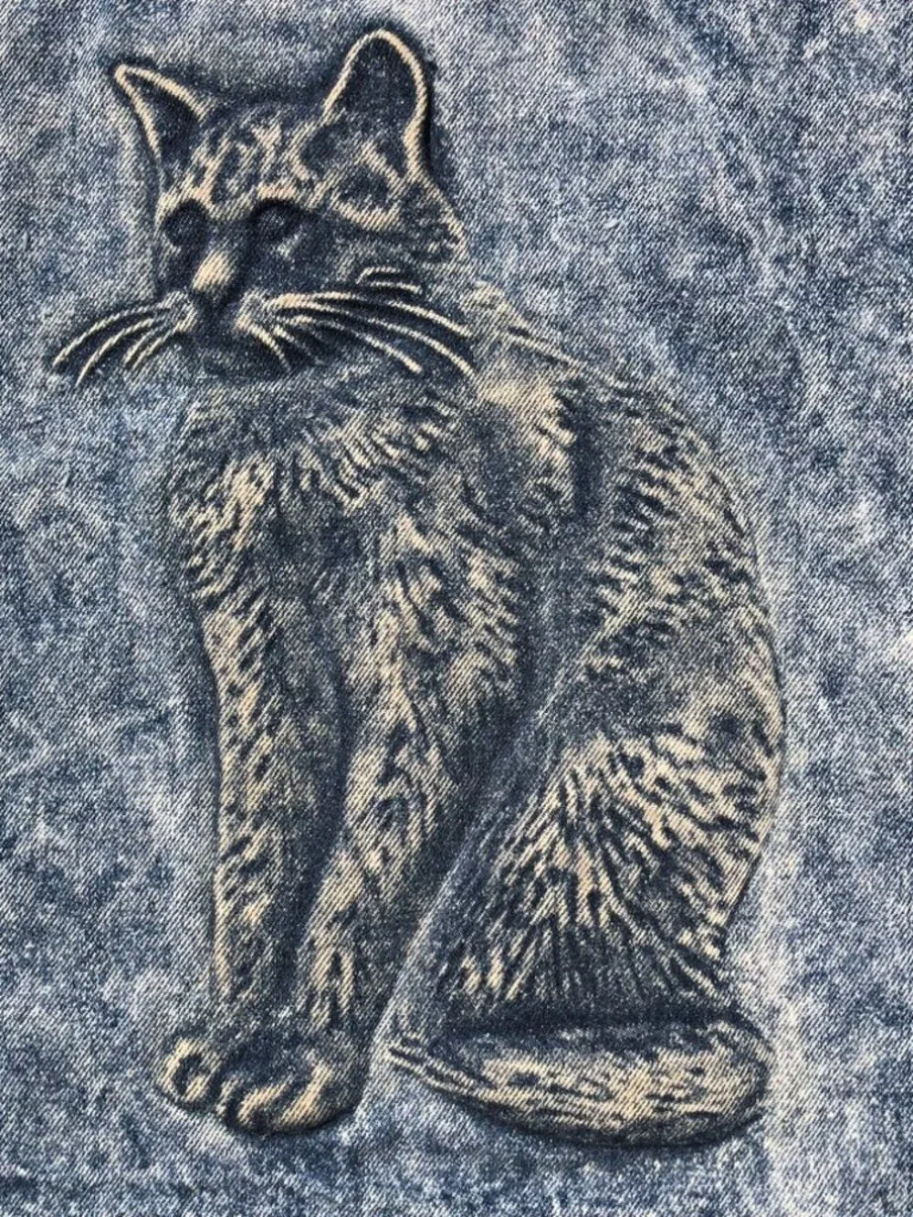 Vintage 90s TYCA 3D Embossed Denim Jacket Cut Panel Piece Cat Art DIY Craft USA